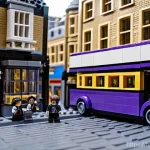 레고 해리포터 마법 생물들 - A highly detailed LEGO build capturing the iconic Knight Bus, rendered in vibrant purple and gold br...