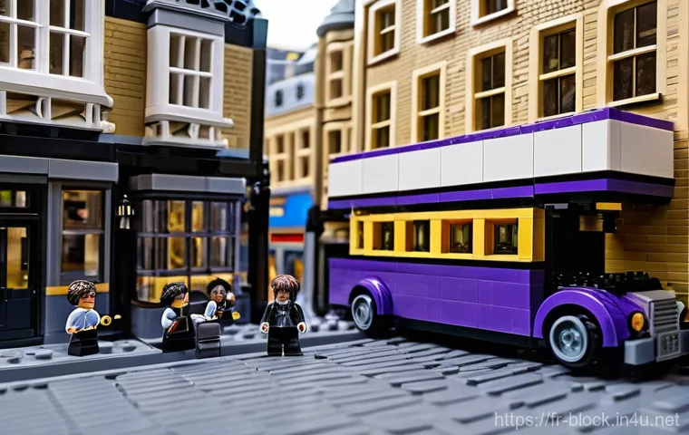 레고 해리포터 마법 생물들 - A highly detailed LEGO build capturing the iconic Knight Bus, rendered in vibrant purple and gold br...