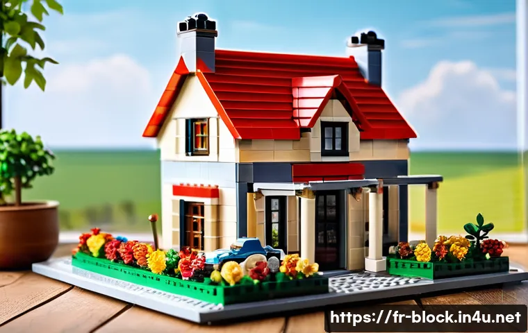 블록완구 팬 커뮤니티 및 트렌드 - A detailed scene of a modern LEGO-inspired construction showcasing a classic French countryside hous...