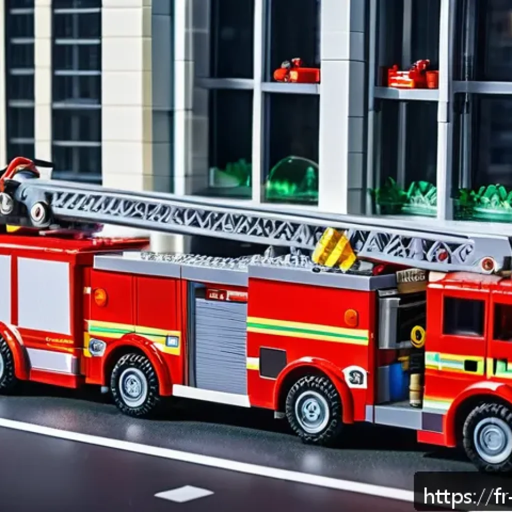 레고 시티 소방서 - A highly detailed LEGO City fire truck with an articulated telescopic ladder extended towards a tall...