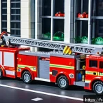 레고 시티 소방서 - A highly detailed LEGO City fire truck with an articulated telescopic ladder extended towards a tall...