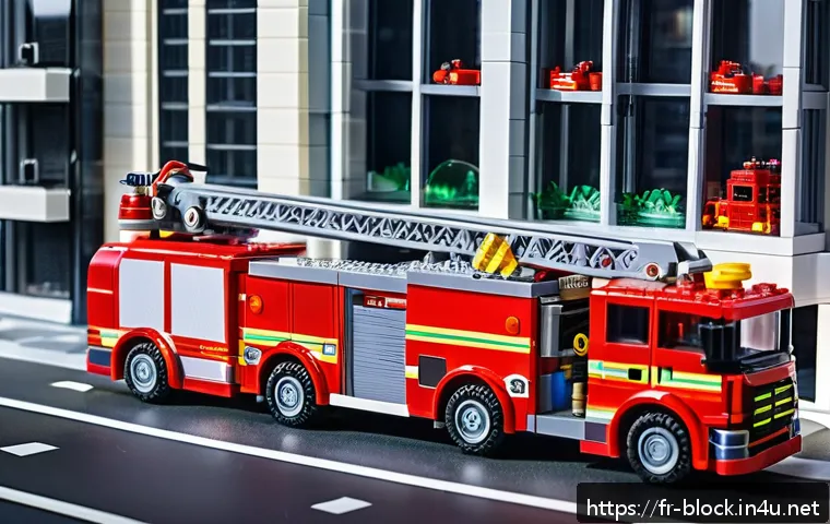 레고 시티 소방서 - A highly detailed LEGO City fire truck with an articulated telescopic ladder extended towards a tall...